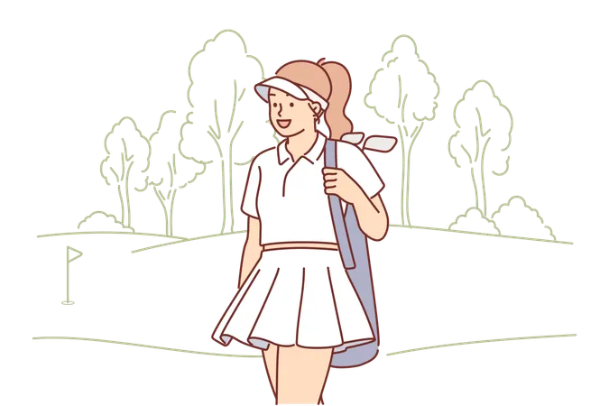 Mujer con palos de golf camina por la cancha  Ilustración