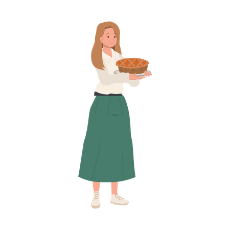 Mujer con pastel de calabaza casero  Ilustración