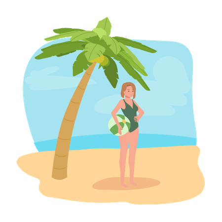 Mujer con pelota de playa en la playa.  Ilustración