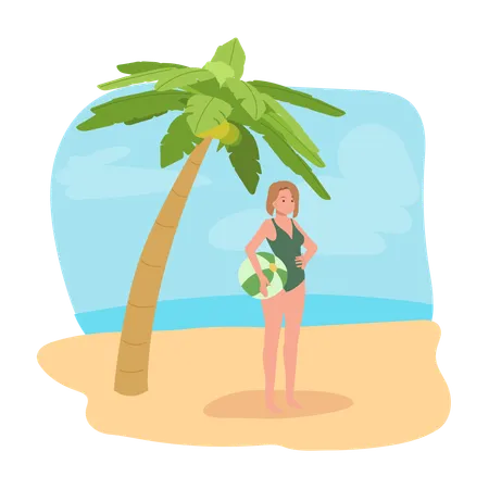 Mujer con pelota de playa en la playa.  Ilustración