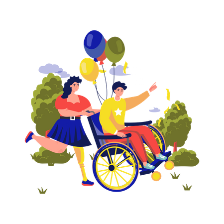 Mujer con prótesis de pierna lleva a un hombre en silla de ruedas para celebrar  Ilustración