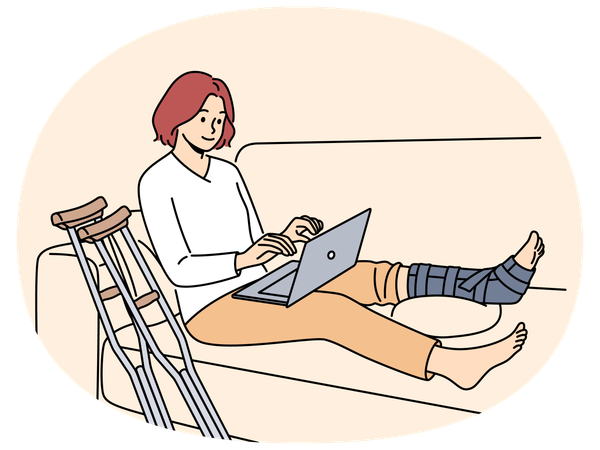Mujer con pierna rota trabajando en computadora en casa  Ilustración