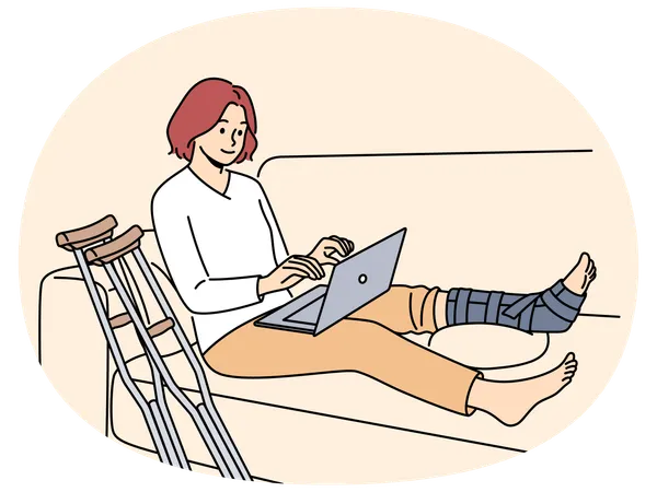 Mujer con pierna rota trabajando en computadora en casa  Ilustración
