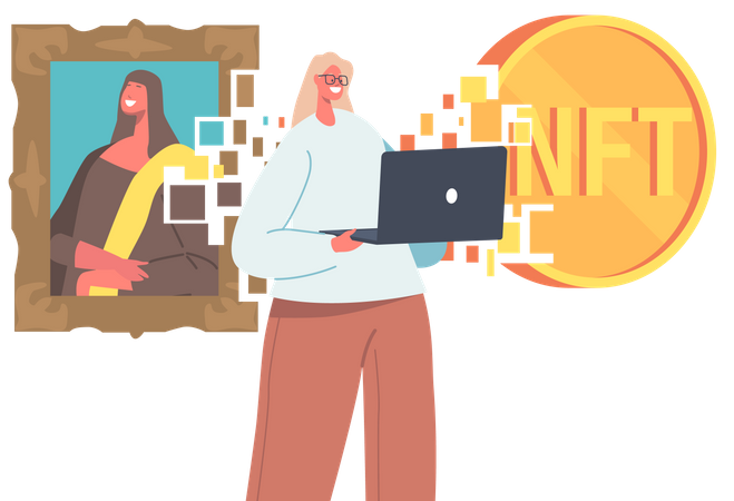 Mujer con computadora portátil usando token no fungible  Ilustración