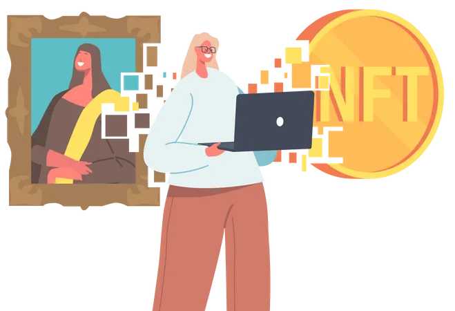 Mujer con computadora portátil usando token no fungible  Ilustración