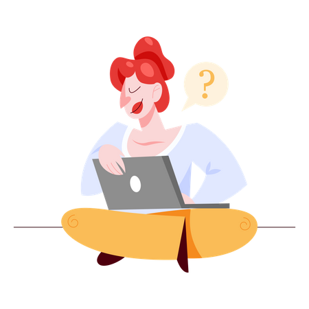 Mujer con pregunta técnica en la computadora portátil  Ilustración