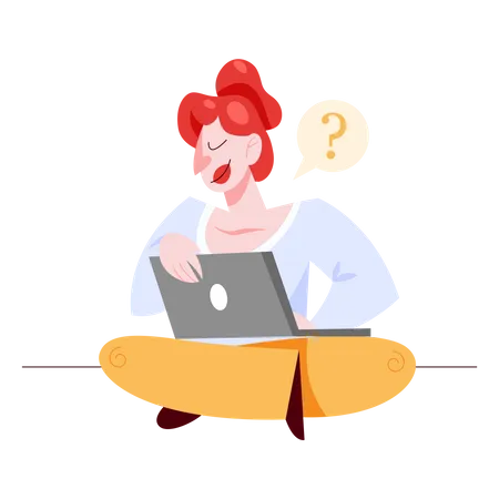 Mujer Con Computadora Portatil Personaje Sentado Y Trabajando En Un Cuaderno Ilustracion De Vector Plano Aislado Ilustración