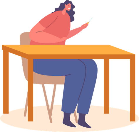Mujer con punzón en las manos sentada en el lugar de trabajo  Ilustración