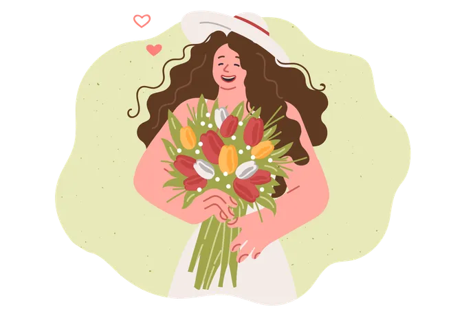 Mujer con ramo de flores en las manos se regocija por el regalo romántico de su novio  Ilustración