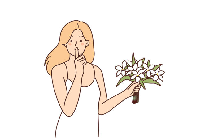 Una mujer con ramo de flores hace un gesto de silencio con el dedo en los labios, queriendo sorprender a su ser querido  Ilustración