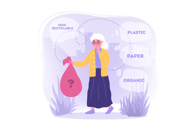 Mujer con residuos no reciclables  Ilustración