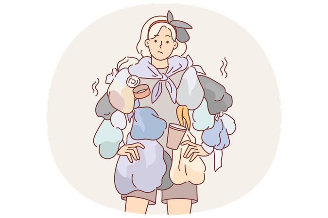 Una mujer que viste ropa de la basura llama la atención sobre el problema del reciclaje de residuos para contribuir al medio ambiente.  Ilustración