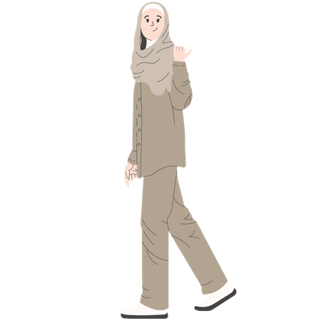 Mujer en ropa moderna y Abaya Hijab con pose lateral apuntando hacia atrás  Ilustración