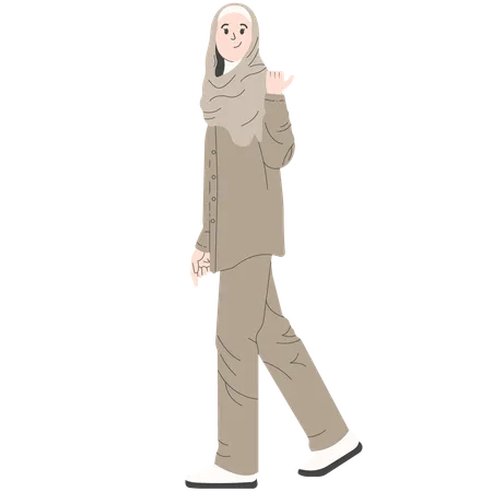 Mujer en ropa moderna y Abaya Hijab con pose lateral apuntando hacia atrás  Ilustración