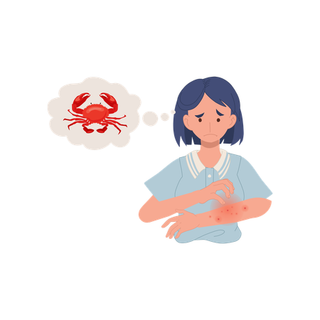 Mujer con sarpullido rojo que pica en el brazo con alergia a los mariscos  Ilustración