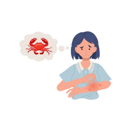 Mujer con sarpullido rojo que pica en el brazo con alergia a los mariscos  Ilustración
