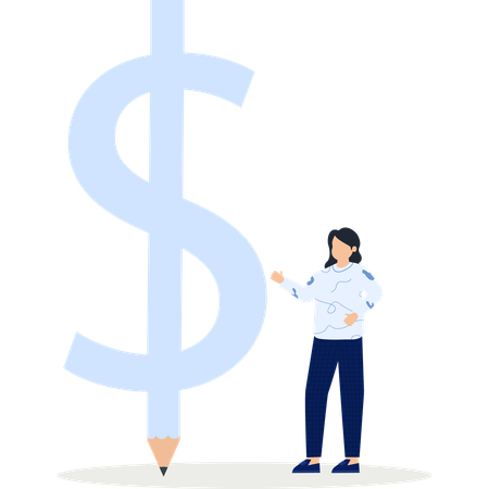 Mujer con símbolo financiero en forma de lápiz  Ilustración