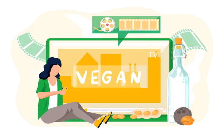 Mujer con smartphone sobre leche vegana  Ilustración