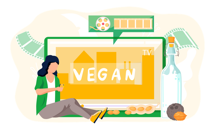 Mujer con smartphone sobre leche vegana  Ilustración