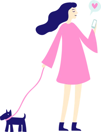 Mujer con smartphone y perro  Ilustración