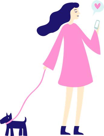 Mujer con smartphone y perro  Ilustración