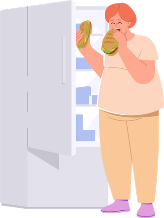 Mujer con sobrepeso comiendo sándwich de pie frente al refrigerador abierto  Ilustración