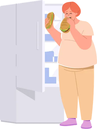 Mujer con sobrepeso comiendo sándwich de pie frente al refrigerador abierto  Ilustración