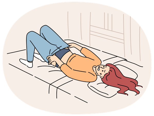 Una mujer con sobrepeso intenta en vano ponerse pantalones pequeños acostada en la cama del dormitorio del apartamento.  Ilustración