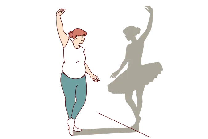 Mujer con sobrepeso sueña con convertirse en bailarina y deshacerse del exceso de peso ve a una chica delgada y sombría  Ilustración