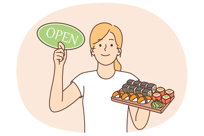 Mujer con sushi y rollos en bandeja sostiene un cartel que invita abiertamente a visitar un restaurante japonés  Ilustración