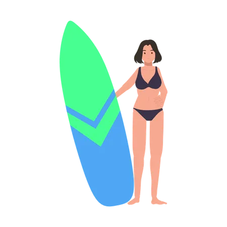 Mujer con tabla de surf en la playa.  Ilustración
