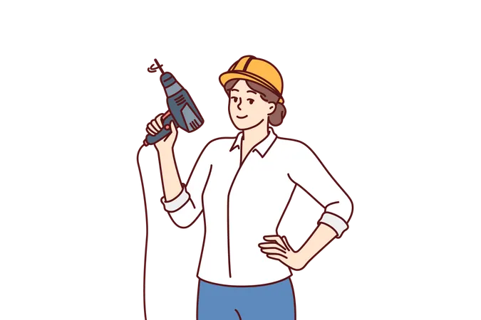 Mujer con taladro eléctrico y casco para trabajos de construcción  Ilustración