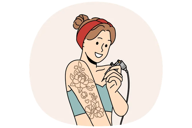 Mujer se tatúa la mano y sonríe  Ilustración