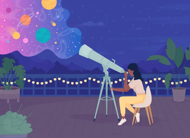 Mujer con telescopio disfrutando de contemplar las estrellas en la azotea por la noche  Ilustración