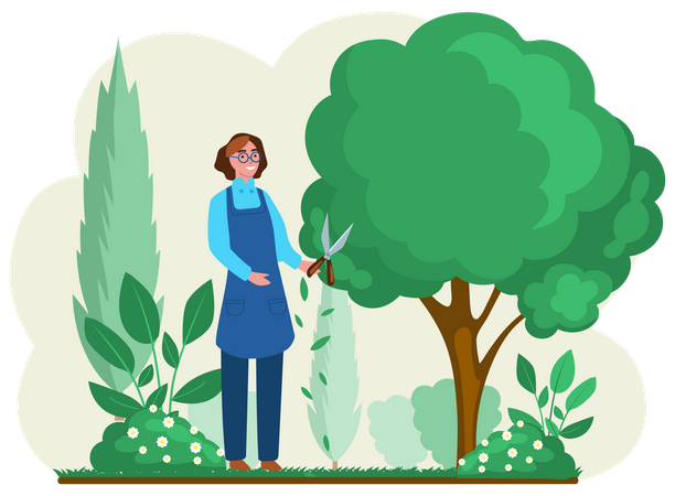 Mujer con tijeras corta grandes árboles y arbustos verdes  Ilustración