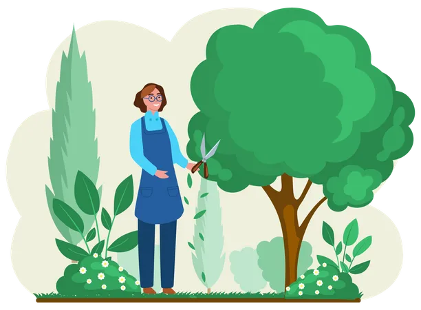 Mujer con tijeras corta grandes árboles y arbustos verdes  Ilustración