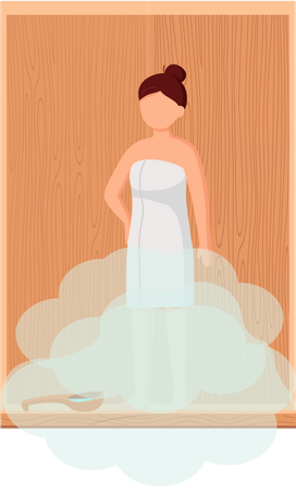 Mujer con toalla blanca descansa sobre un banco de madera en una sauna de vapor caliente  Ilustración