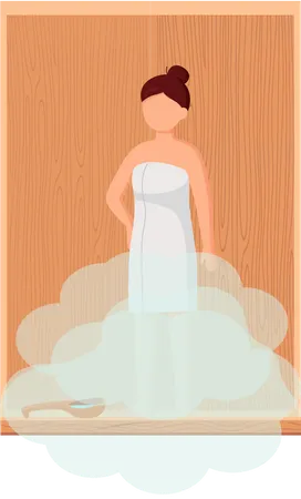 Mujer con toalla blanca descansa sobre un banco de madera en una sauna de vapor caliente  Ilustración