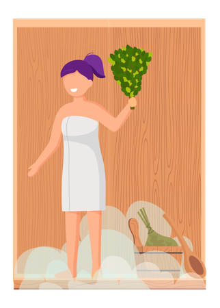 Mujer con toalla blanca descansa sobre un banco de madera en una sauna de vapor caliente  Ilustración