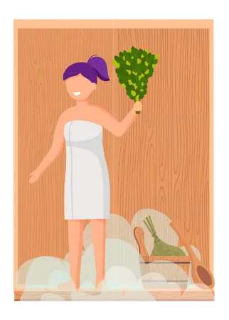 Mujer con toalla blanca descansa sobre un banco de madera en una sauna de vapor caliente  Ilustración