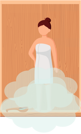 Mujer con toalla blanca descansa sobre un banco de madera en una sauna de vapor caliente  Ilustración