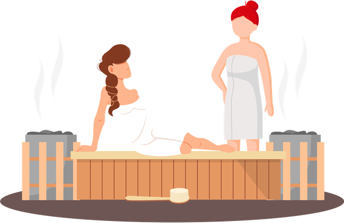 Mujer vistiendo una toalla de baño sentada en un banco de madera en una sauna de vapor caliente  Ilustración