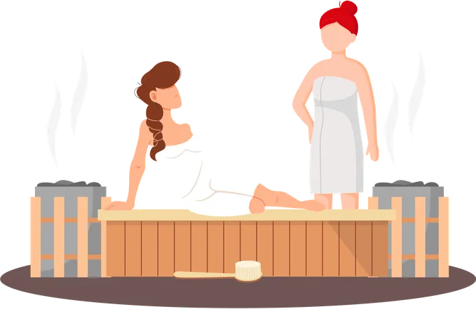 Mujer vistiendo una toalla de baño sentada en un banco de madera en una sauna de vapor caliente  Ilustración