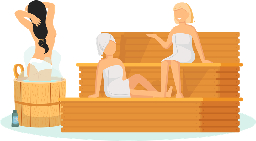 Mujer vistiendo una toalla de baño sentada en un banco de madera en una sauna de vapor caliente  Ilustración