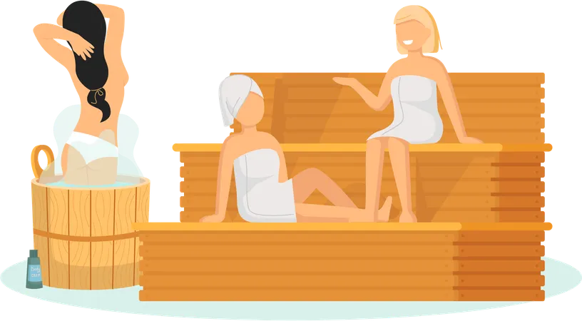 Mujer vistiendo una toalla de baño sentada en un banco de madera en una sauna de vapor caliente  Ilustración