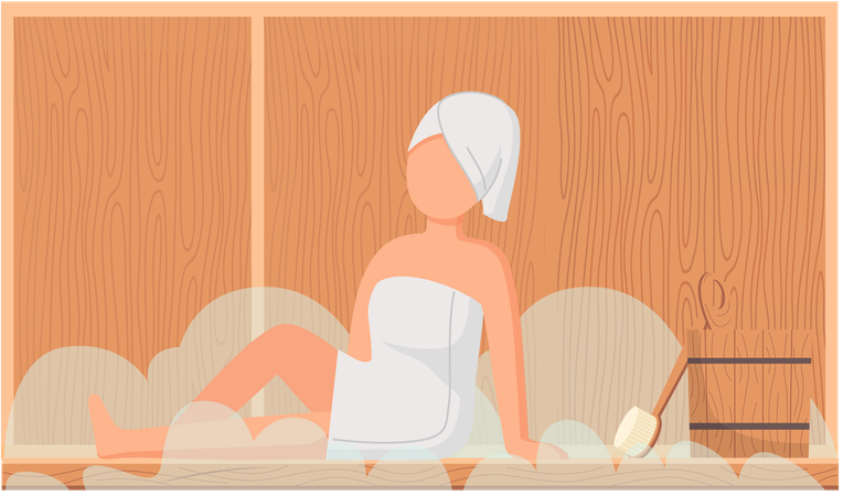 Mujer vistiendo una toalla de baño sentada en un banco de madera en una sauna de vapor caliente  Ilustración