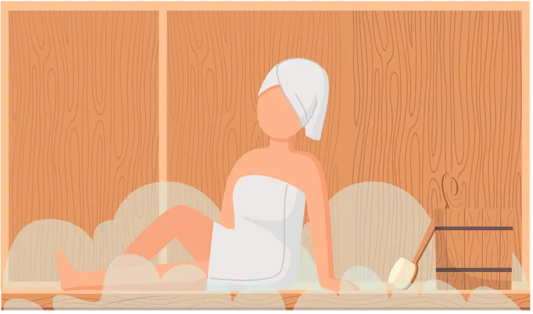 Mujer vistiendo una toalla de baño sentada en un banco de madera en una sauna de vapor caliente  Ilustración