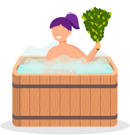 Mujer vistiendo una toalla de baño sentada en un banco de madera en una sauna de vapor caliente  Ilustración