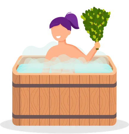 Mujer vistiendo una toalla de baño sentada en un banco de madera en una sauna de vapor caliente  Ilustración