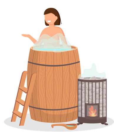 Mujer vistiendo una toalla de baño sentada en un banco de madera en una sauna de vapor caliente  Ilustración